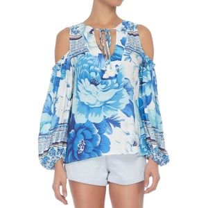 Farm Rio Floral Print Cold Shoulder Blouse Tunic Boho Colorful Blue/White Sz XS